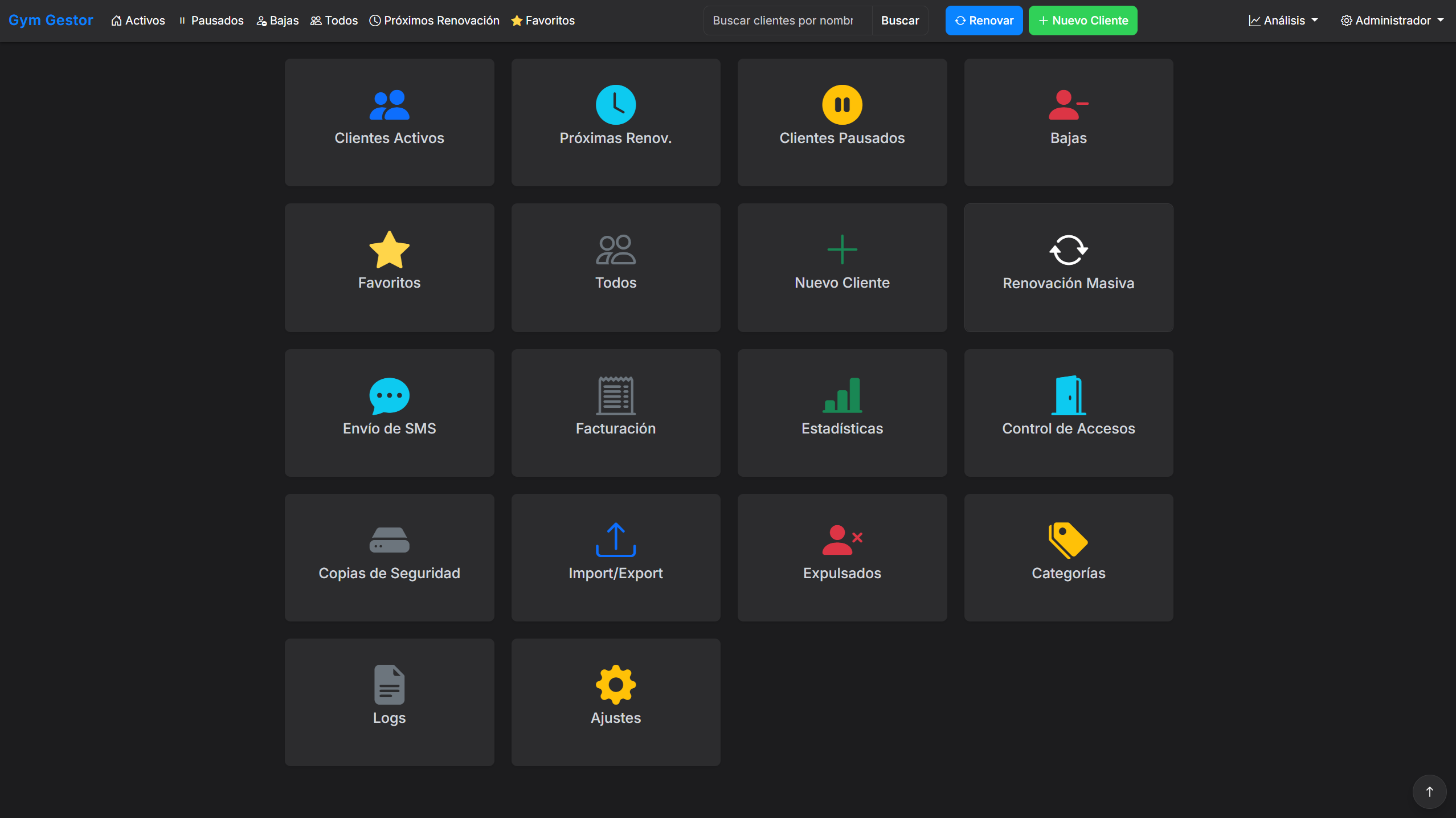 Pantalla de GestorGym como alternativa de software para gimnasios